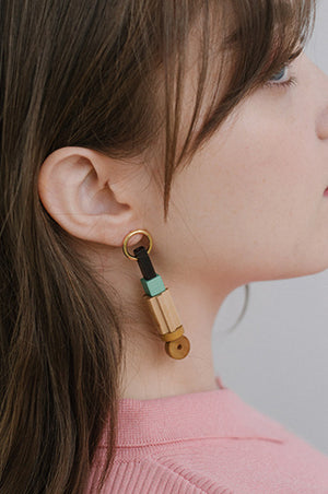 totem earrings, gold plated brass and wood