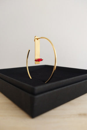 Pair Gold-Plated Brass Open Hoop Earrings with Red or Green Crystal