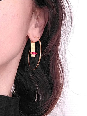 Pair Gold-Plated Brass Open Hoop Earrings with Red or Green Crystal
