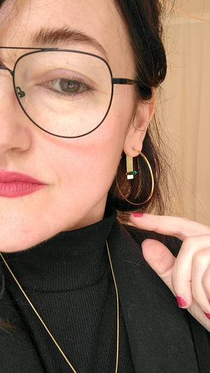 Pair Gold-Plated Brass Open Hoop Earrings with Red or Green Crystal